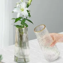 Lọ Hoa Thủy Tinh Trụ Sọc Viền Vàng Lucas 21x7x10cm
