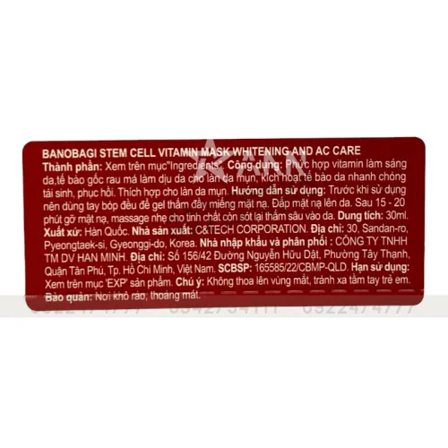 Mặt nạ Banobagi Stem Cell Vitamin Mask màu hồng, hộp 10 miếng