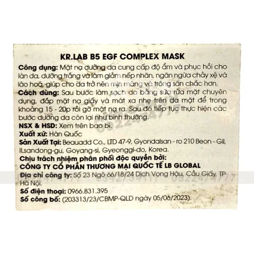 Mặt Nạ Kr Lab+ B5 EGF Complex Hỗ Trợ Cấp Ẩm Phục Hồi Da Combo 10 Miếng