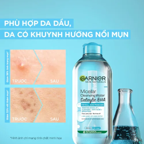 Nước Tẩy Trang Garnier Nắp Xanh Micellar Cleansing Water Salicylic BHA Dành Cho Da Dầu Mụn 50ml