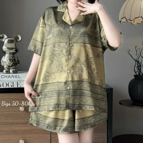 Đồ Bộ Ngủ Tay Ngắn Quần Đùi Nữ Họa Tiết Sang Trọng Mặc Mịn Mát Thoải Mái Big Size 50–80kg