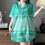 Đồ Bộ Ngủ Tay Ngắn Quần Đùi Nữ Họa Tiết Sang Trọng Mặc Mịn Mát Thoải Mái Big Size 50–80kg