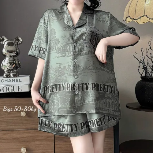 Đồ Bộ Ngủ Tay Ngắn Quần Đùi Nữ Họa Tiết Sang Trọng Mặc Mịn Mát Thoải Mái Big Size 50–80kg