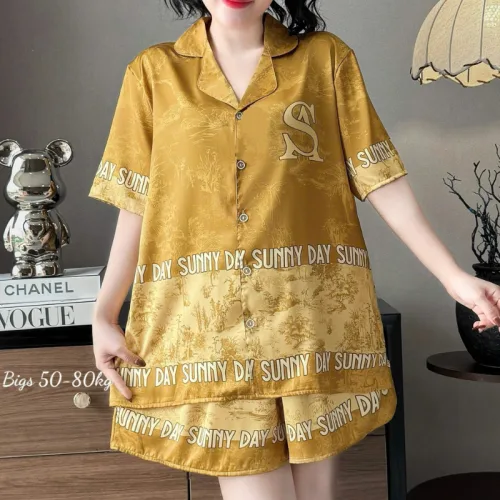 Đồ Bộ Ngủ Tay Ngắn Quần Đùi Nữ Họa Tiết Sang Trọng Mặc Mịn Mát Thoải Mái Big Size 50–80kg