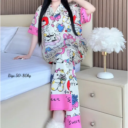 Đồ Bộ Ngủ Nữ - Đồ Bộ Tay Ngắn Quần Dài Họa Tiết Hoạt Hình Dễ Thương Mặc Mát Thoải Mái Big Size 50–80kg