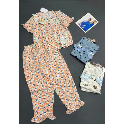 Đồ Bộ Nữ Áo Cổ Sen Tay Ngắn Quần Dài Họa Tiết Đáng Yêu Vải Cotton Hàn Mịn Mát Size 45-62kg