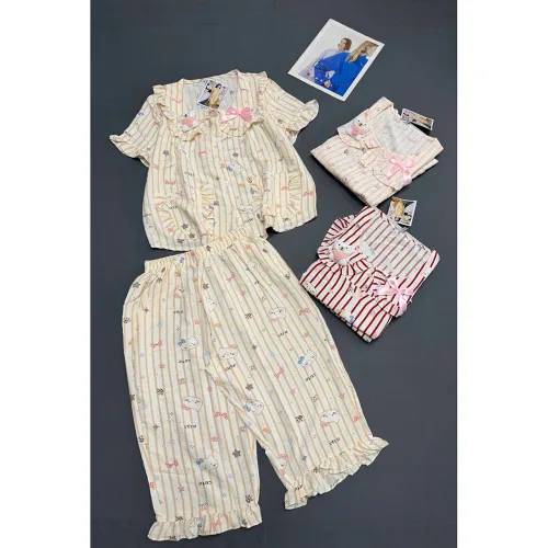 Đồ Bộ Nữ Áo Cổ Sen Tay Ngắn Quần Lửng Họa Tiết Gấu Đáng Yêu Vải Cotton Hàn Mịn Mát Size 45-62kg