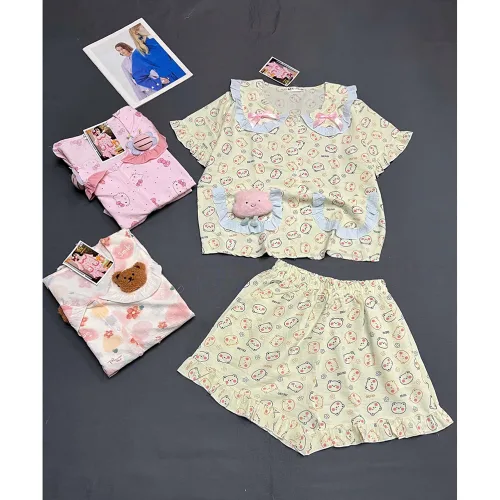 Đồ Bộ Nữ Áo Cổ Sen Tay Ngắn Quần Đùi Họa Tiết Đáng Yêu Vải Cotton Hàn Mịn Mát Size 45-62kg