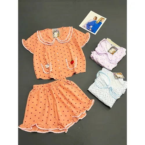 Đồ Bộ Nữ Áo Cổ Sen Tay Ngắn Quần Đùi Họa Tiết Chấm Bi Vải Cotton Hàn Mịn Mát Size 45-62kg