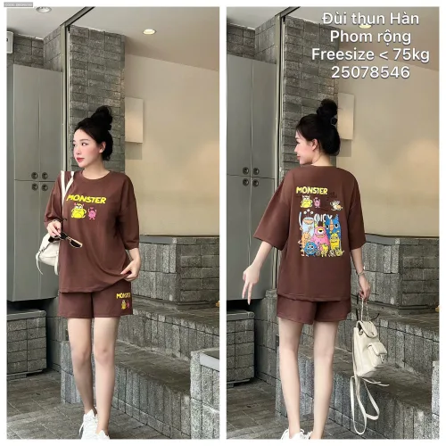 Đồ bộ nữ áo tay ngắn quần Đùi thun hàn co giãn phom rộng <75kg