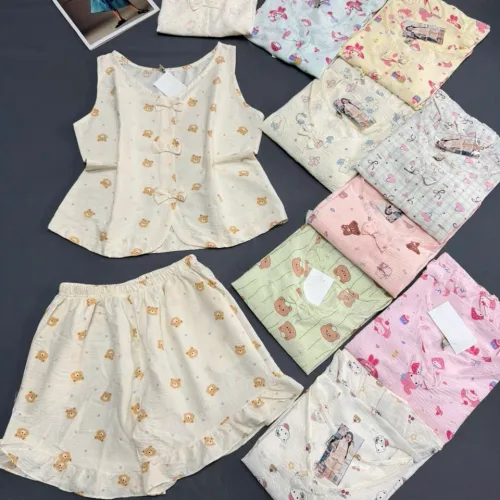 Đồ bộ nữ sát nách quần đùi chất cotton hàn không giãn HT-75235