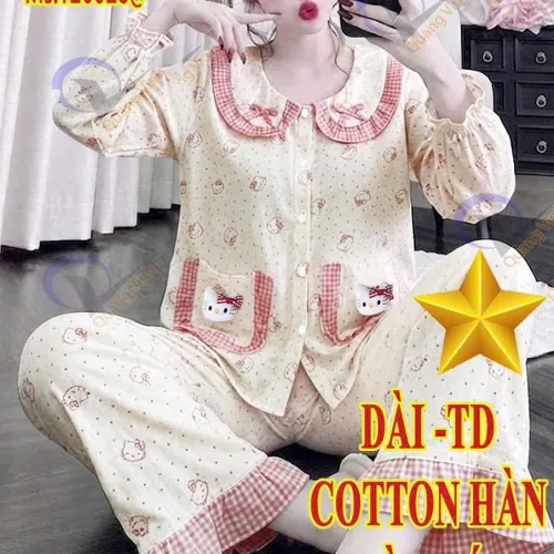 Đồ bộ nữ tay dài quần dài chất cotton hàn ko giãn QV-20026