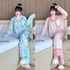 Đồ Bộ Pijama Nữ - Đồ Bộ Tay Dài Quần Dài Họa Tiết Đơn Giản Mặc Mát Thoải Mái Big Size 50–80kg