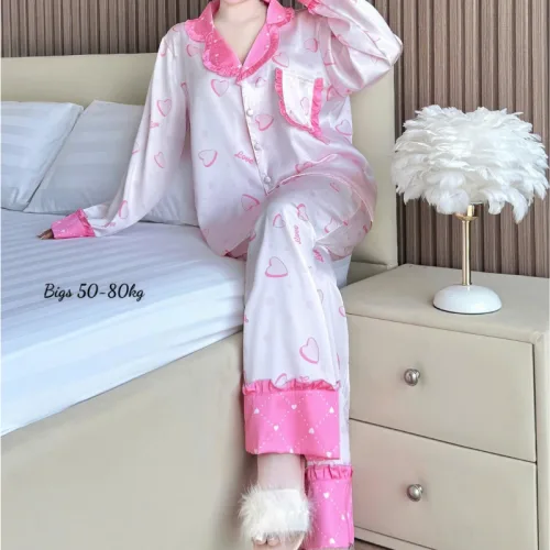 Đồ Bộ Pijama Nữ - Đồ Bộ Tay Dài Quần Dài Họa Tiết Đơn Giản Mặc Mát Thoải Mái Big Size 50–80kg