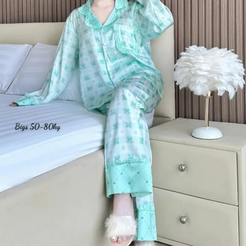 Đồ Bộ Pijama Nữ - Đồ Bộ Tay Dài Quần Dài Họa Tiết Đơn Giản Mặc Mát Thoải Mái Big Size 50–80kg