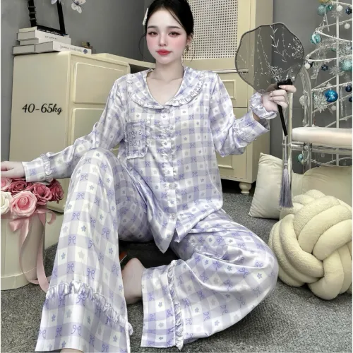 Đồ Bộ Pijama Nữ - Đồ Bộ Tay Dài Quần Dài Viền Bèo Họa Tiết Nhí Size 40-65kg