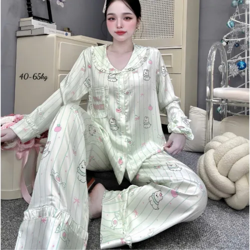Đồ Bộ Pijama Nữ - Đồ Bộ Tay Dài Quần Dài Viền Bèo Họa Tiết Nhí Size 40-65kg