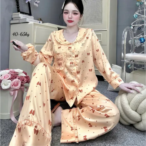 Đồ Bộ Pijama Nữ - Đồ Bộ Tay Dài Quần Dài Viền Bèo Họa Tiết Nhí Size 40-65kg