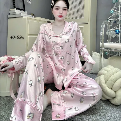 Đồ Bộ Pijama Nữ - Đồ Bộ Tay Dài Quần Dài Viền Bèo Họa Tiết Nhí Size 40-65kg