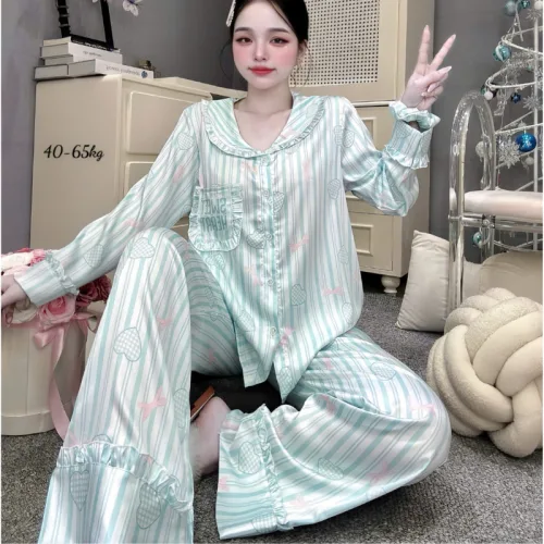 Đồ Bộ Pijama Nữ - Đồ Bộ Tay Dài Quần Dài Viền Bèo Họa Tiết Nhí Size 40-65kg