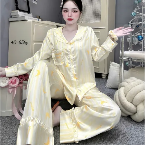 Đồ Bộ Pijama Nữ - Đồ Bộ Tay Dài Quần Dài Viền Bèo Họa Tiết Nhí Size 40-65kg