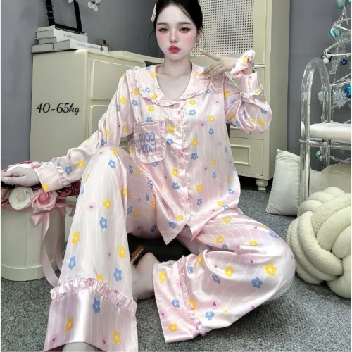 Đồ Bộ Pijama Nữ - Đồ Bộ Tay Dài Quần Dài Viền Bèo Họa Tiết Nhí Size 40-65kg