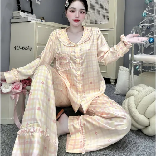 Đồ Bộ Pijama Nữ - Đồ Bộ Tay Dài Quần Dài Viền Bèo Họa Tiết Nhí Size 40-65kg