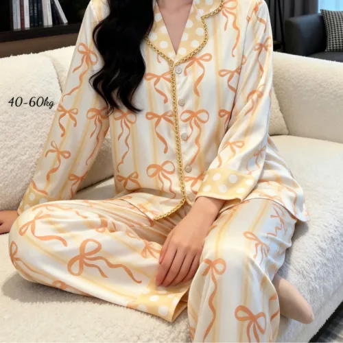 Đồ Bộ Pijama Nữ - Đồ Bộ Tay Dài Quần Dài Viền Ren Họa Tiết Size Thường 40-60kg