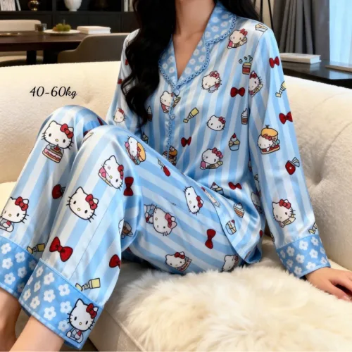Đồ Bộ Pijama Nữ - Đồ Bộ Tay Dài Quần Dài Viền Ren Họa Tiết Size Thường 40-60kg