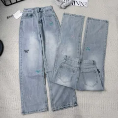 Quần Jeans Cotton Nữ Ống Suông Vải Dày Mềm Không Co Giãn Tôn Dáng