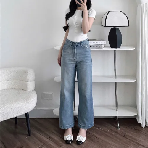 Quần Jeans Nữ Ống Rộng Vải Dày Mềm Không Co Giãn Phối Nơ Ở Túi Quần Cực Xinh