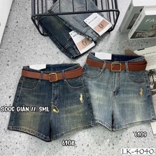 Quần Short Jean Nữ Thêu Logo - Quần Short Kaki Kiểu - Quần gIả Váy Dây Không Co Giãn Đứng Form Chuẩn