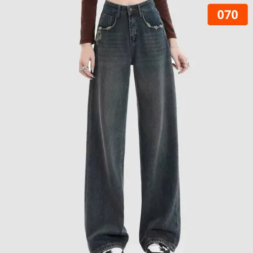 Quần Suông Nữ - Quần Jeans Suông Lở Nữ Rách Túi Chất Liệu Vải Dày Mềm Không Co Giãn