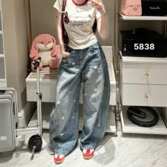 Quần Thụng Jeans Nữ Thêu Ngôi Sao Vải Dày Mềm Không Co Giãn