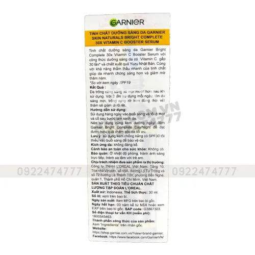 Serum Garnier Dưỡng Sáng Da Skin Naturals Bright Complete 30x Vitamin C Booster Serum 30ml
