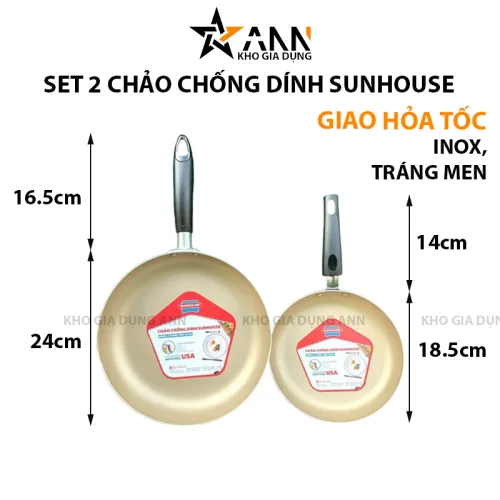 Bộ 2 chảo chống dính Sunhouse 18.5cm và 24cm, dùng bếp ga
