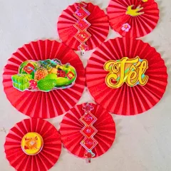 Set 6 Quạt Xếp Đỏ In Ép Kim Nhiều Chữ Trang Trí Tết (Nhiều Mẫu)