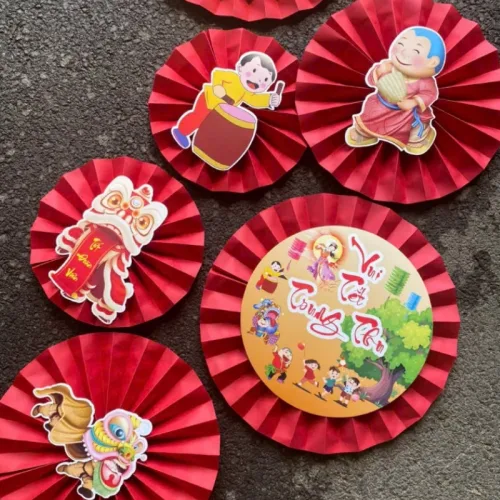 Set 6 Quạt Xếp Đỏ In Hình Trang Trí Tết