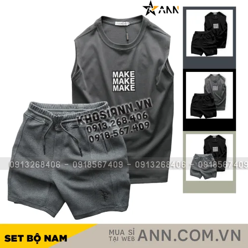 Set Bộ Nam Áo Ba Lỗ In Chữ Make Quần Short Thun Viền Sọc