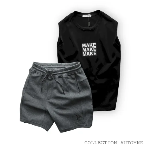Set Bộ Nam Áo Ba Lỗ In Chữ Make Quần Short Thun Viền Sọc