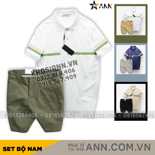 Set Bộ Nam Áo Polo Cổ Bẻ Viền Hai Sọc Quần Short Kaki Cúc Đen