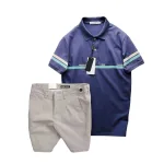 Set Bộ Nam Áo Polo Cổ Bẻ Viền Hai Sọc Quần Short Kaki Cúc Đen