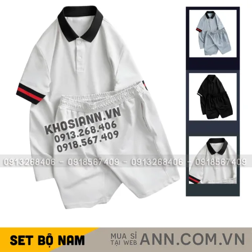 Set Bộ Nam Áo Thun Cổ Bẻ Phối Sọc Tay Áo + Quần Short Thun (Big Size)