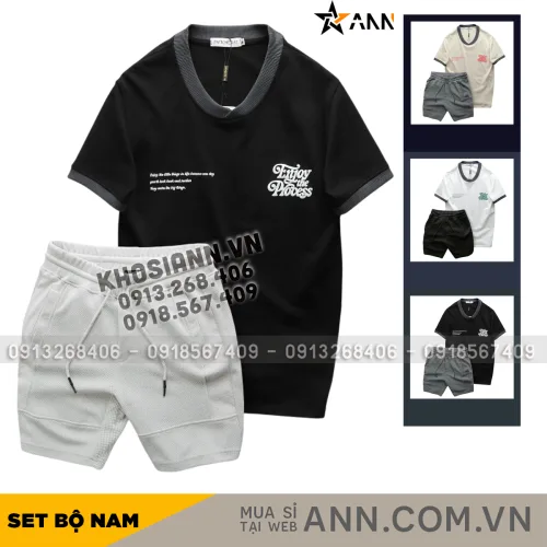 Set Bộ Nam Áo Thun Cổ Tròn In Chữ Enjoy The Process + Quần Short Thun Thể Thao Cao Cấp