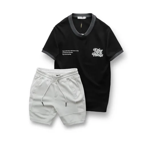 Set Bộ Nam Áo Thun Cổ Tròn In Chữ Enjoy The Process + Quần Short Thun Thể Thao Cao Cấp