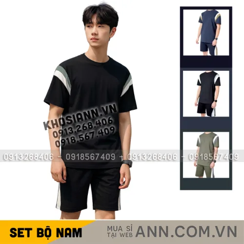 Set Bộ Nam Áo Thun Cổ Tròn Phối Sọc Màu + Quần Short Thun Thể Thao Cao Cấp (Big Size)