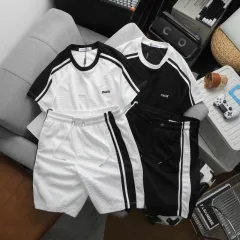 Set Bộ Nam Áo Thun Cổ Tròn Phối Sọc Vai Áo Và Thêu Chữ Pack Trước Ngực + Quần Short Thun Nam Phối Sọc Hai Bên Quần Có Big Size