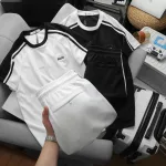 Set Bộ Nam Áo Thun Cổ Tròn Phối Sọc Vai Áo Và Thêu Chữ Pack Trước Ngực + Quần Short Thun Nam Phối Sọc Hai Bên Quần Có Big Size
