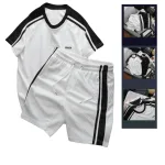 Set Bộ Nam Áo Thun Cổ Tròn Phối Sọc Vai Áo Và Thêu Chữ Pack Trước Ngực + Quần Short Thun Nam Phối Sọc Hai Bên Quần Có Big Size
