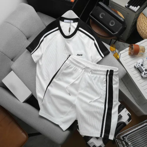 Set Bộ Nam Áo Thun Cổ Tròn Phối Sọc Vai Áo Và Thêu Chữ Pack Trước Ngực + Quần Short Thun Nam Phối Sọc Hai Bên Quần Có Big Size